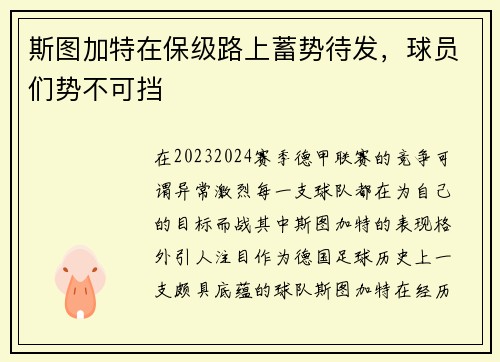 斯图加特在保级路上蓄势待发，球员们势不可挡