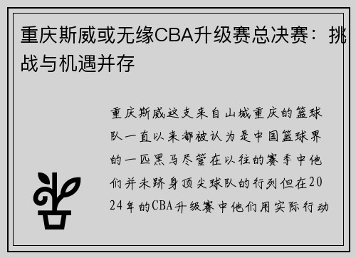 重庆斯威或无缘CBA升级赛总决赛：挑战与机遇并存